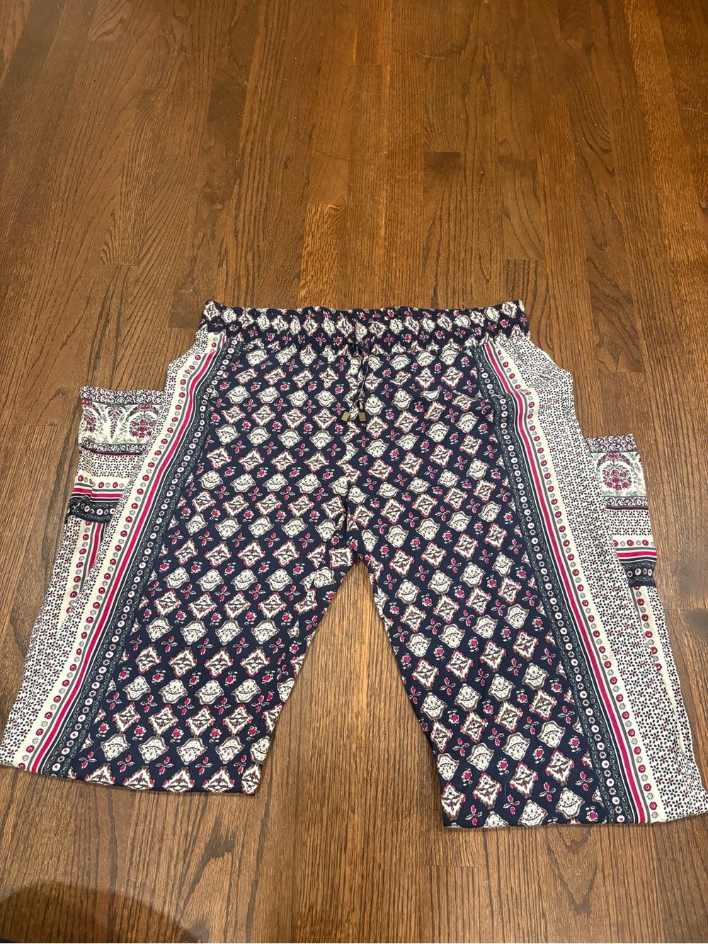 Navy Boho Printed Pull-On Pants with Side Panels hippie, beachy, flowy wide leg